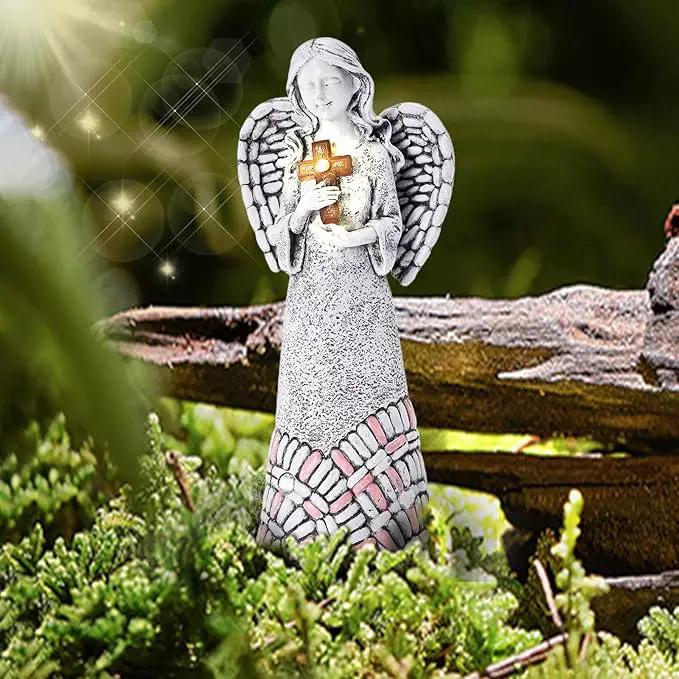 Angel Garden Statues Outdoor Solar Decor Gifts for Women Cross Praying for Cemetery Backyard Lawn Yard Decoration（10.24inch） by GreenHaven Gardens