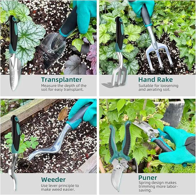 Gardening Tool, Heavy Duty Gardening Hand Tools for Gardener, Gardening Gifts for Women, Men, Heavy Duty Gardening Tools with Storage Tote Bag Non-Slip Rubber Grip, Aluminum Green Gardening Tool Set by GreenHaven Gardens