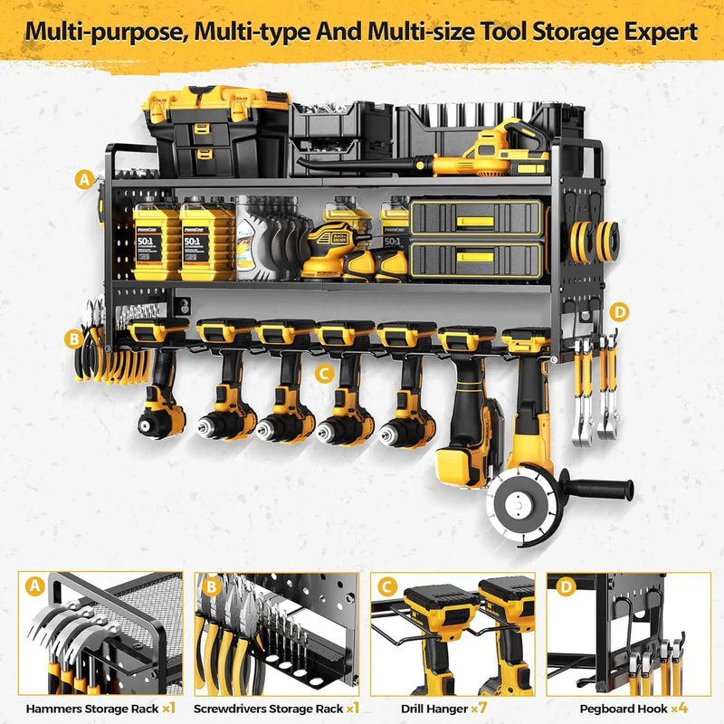 LBT Large Power Tool Organizer Wall Mount with Pegboard, Heightening Garage Power Tool Storage with 7 Cordless Drill Holder, Heavy Duty Metal Tool Shelf Battery Storage, Gifts For Men Father Husband by GreenHaven Gardens