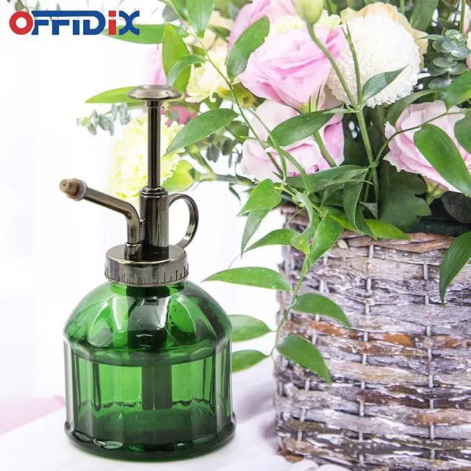 OFFIDIX Glass Plant Mister, 6.3 Inches Tall Vintage Style Spritzer Bronze Plastic Top Pump One Hand Watering Can Indoor Plant Spray Bottle for Garden, Plants, Cleaning (Dark Green) by GreenHaven Gardens