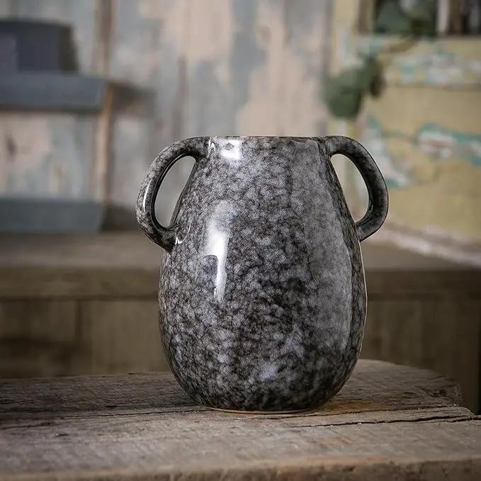 Black Ceramic Vase with 2 Handles, Modern Farmhouse Decor, Rustic Terracotta Pottery, Decorative Flower Vases, Clay Small Vase, Centerpiece for Dining Table - 7 Inch Tall by GreenHaven Gardens