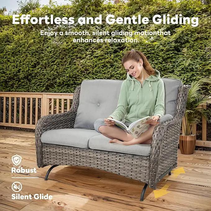 Outdoor Patio Furniture Set - 7 Piece Gray Wicker Conversation Patio Furniture Set All Weather Swivel Chairs with Ottoman and Loveseat Glider Chair for Deck Balcony Backyard by GreenHaven Gardens