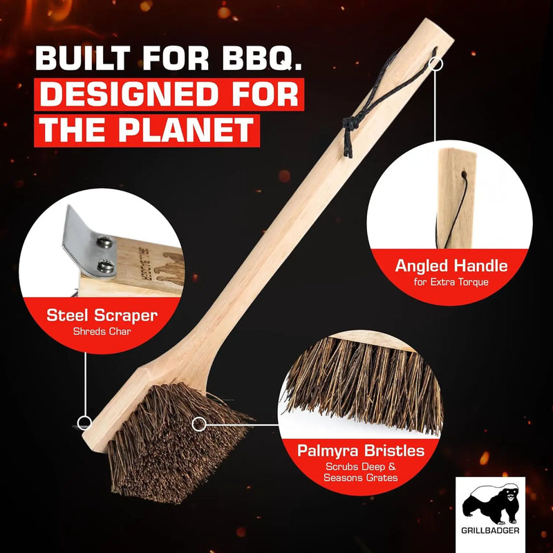 Natural Grill Brush Non Metal Bristles - Durable Non Metal Grill Brush Outdoor Grills Wooden Handle BBQ Cleaning Non-Wire High Temp Cleaner for Cast Iron Grates Safer Scrubber Tools by GRILLBADGER by GreenHaven Gardens