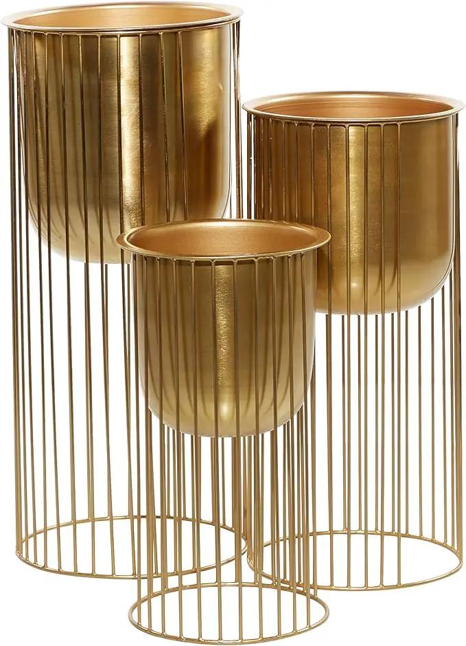 Deco 79 Metal Indoor Outdoor Planter Deep Recessed Dome Large Planter Pot with Elevated Caged Stand, Set of 3 Planters 24", 20", 16"H, Gold by GreenHaven Gardens