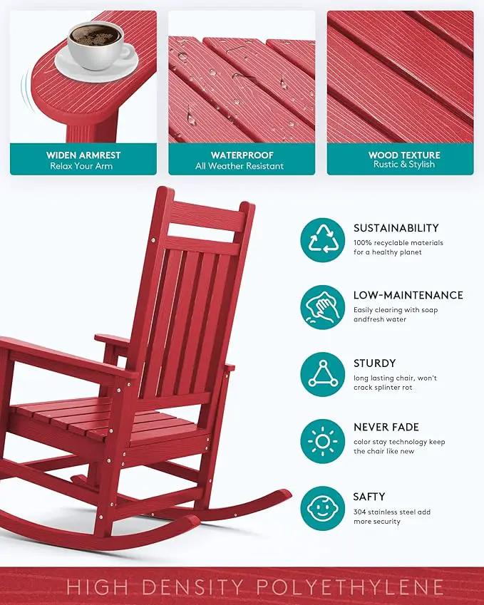 SERWALL Oversized Rocking Chair, Outdoor Rocking Chair Set for Adults, All Weather Resistant Porch Rocker for Lawn Garden, Red by GreenHaven Gardens