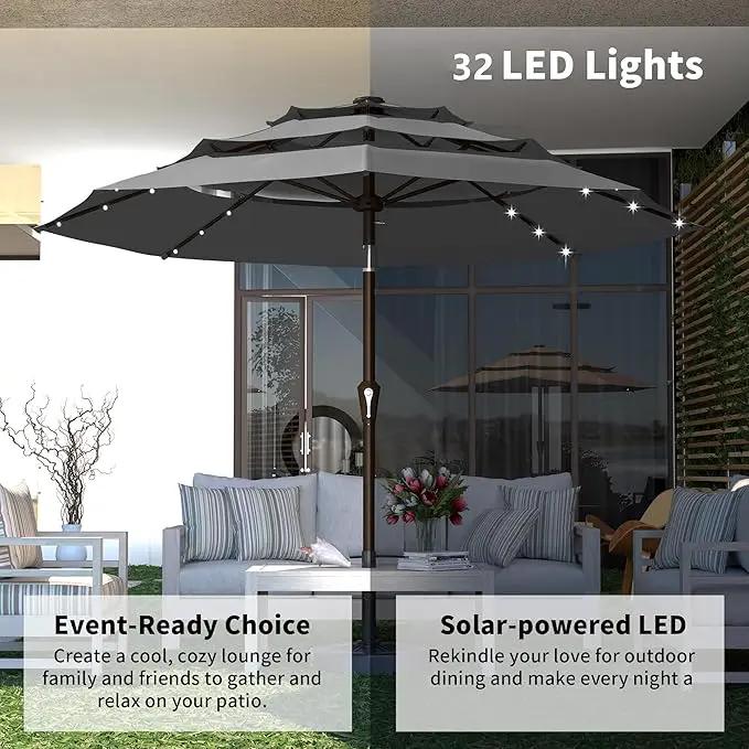 Kingdura 9ft 3-Tier Patio Umbrella with Solar Lights, Table Umbrella Outdoor Patio with Easy Crank & Tilt, 8 Sturdy Ribs, UV Protection, 32 LED Lights for Deck, Poolside, Market (Grey) by GreenHaven Gardens