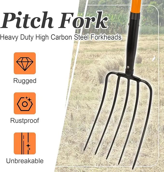 5 Tine Pitchfork for Gardening, Heavy Duty Pitchfork with Fiberglass Handle, Garden Fork for Mulching, 58 Inches by GreenHaven Gardens