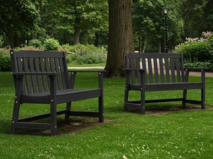 Ciokea 46" Heavy Duty Outdoor Bench Set of 2, HDPE Weatherproof Garden Bench, 2-Person Memorial Benches with 660 Lbs, Waterproof Patio Porch Benches for Outside Business Deck Office Backyard, Black by GreenHaven Gardens
