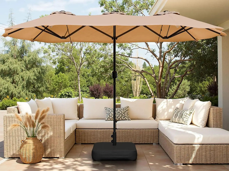 Shintenchi 16FT Large Patio Umbrella with Base, Outdoor Double-Sided Rectangular Umbrella, Market Umbrella with Crank Handle for Poolside Lawn Garden, Khaki by GreenHaven Gardens