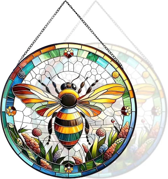 RIVEENY Bumblebee Stained Glass Window Hangings,8''Bee Suncatcher Stained Glass Window Panel Gift for Christmas Anniversary Birthday Mother's Day by GreenHaven Gardens