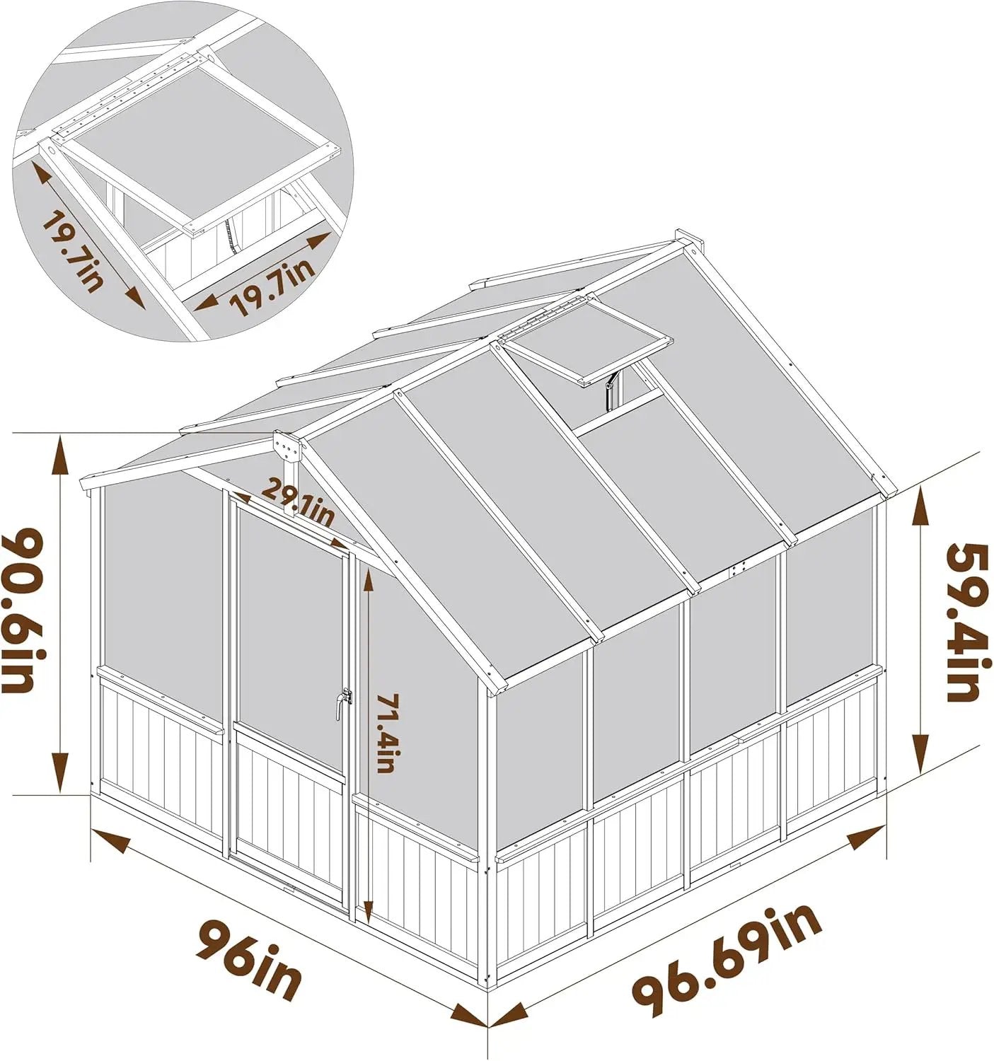 8x8 FT Greenhouse Kit for Outdoor, 6MM Thick Polycarbonate Panel Wooden Walk-in Green House with Lockable Door and Adjustable Roof Vent, Backyard Garden, Light Mocha Brown by GreenHaven Gardens