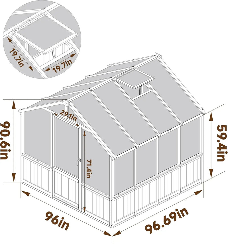 8x8 FT Greenhouse Kit for Outdoor, 6MM Thick Polycarbonate Panel Wooden Walk-in Green House with Lockable Door and Adjustable Roof Vent, Backyard Garden, Light Mocha Brown by GreenHaven Gardens