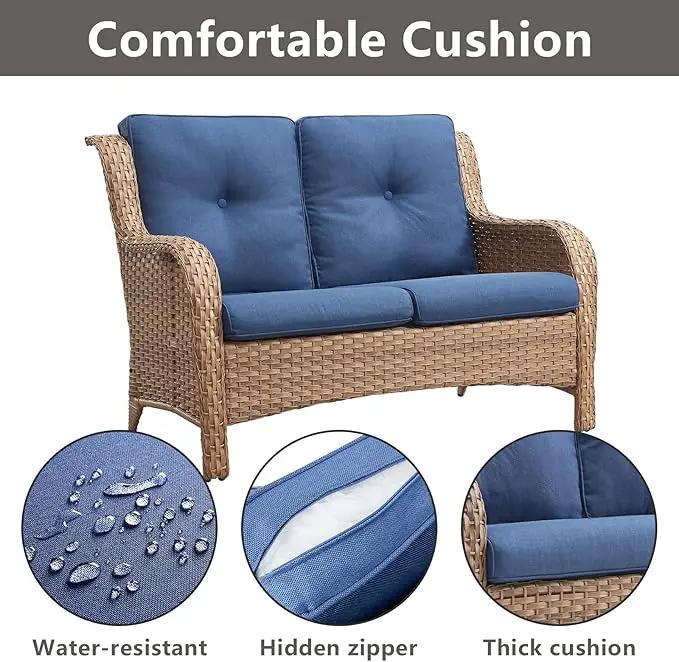 Outdoor Wicker Patio Furniture Set - 5 Piece Rattan Patio Conversation Set with 2 Rocking Swivel Chairs,2 Ottomans and 1 Loveseat for Porch Deck Backyard Garden(Yellow/Blue) by GreenHaven Gardens