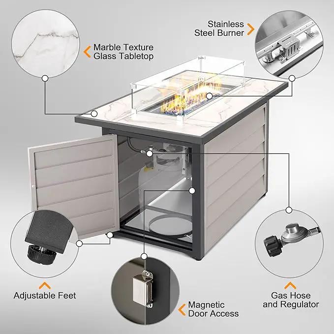 Nuu Garden 43'' Patio Propane Fire Pit Table, 50,000 BTU Gas Fire Pit with Marble-Textured Glass Top, Wind Guard, Lid, Glass Beads, CSA-Certified, 2-in-1 Outdoor Table for Gatherings, Ivory White by GreenHaven Gardens