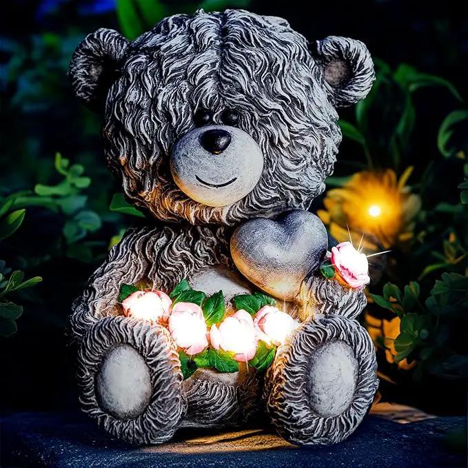 Solar Garden Outdoor Statues Bear with Heart and Pink Flower and 5 LED Lights-Lawn Decor Bear Statue for Patio, Balcony, Yard Ornament-Unique Valentine's Day and Housewarming Gifts for Mom, Women by GreenHaven Gardens