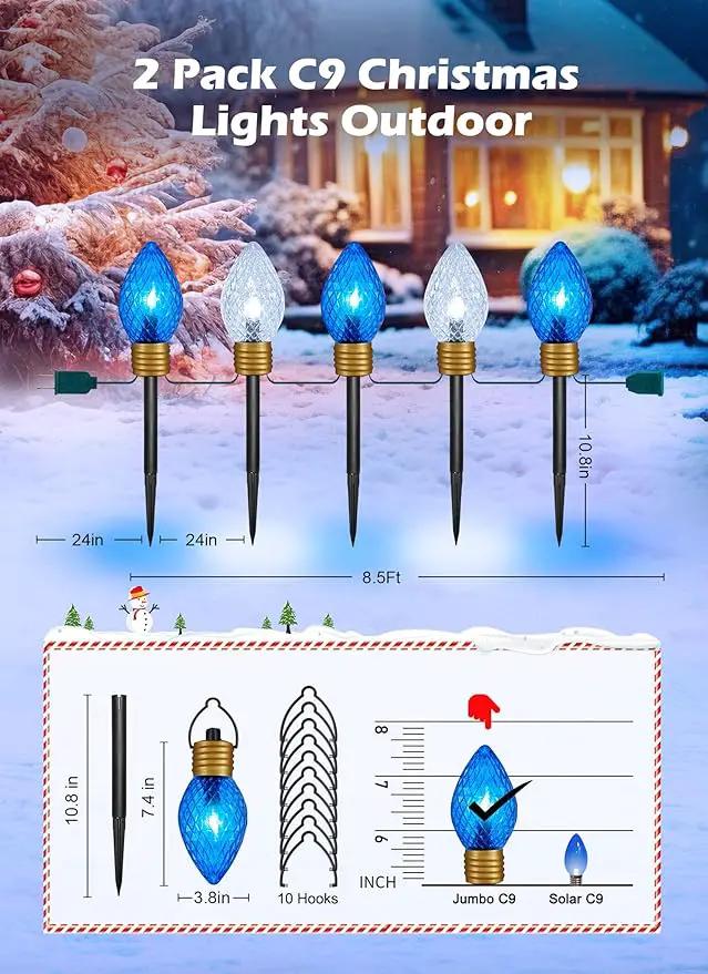 Brightown Strawberry Jumbo C9 Christmas Pathway Lights Outdoor -2 Pack Total 17 Feet 10 LED Jumbo C9 Walkway Lights, Christmas Lights Outdoor Decorations for Lawn Outside Holiday, Blue & Pure White by GreenHaven Gardens