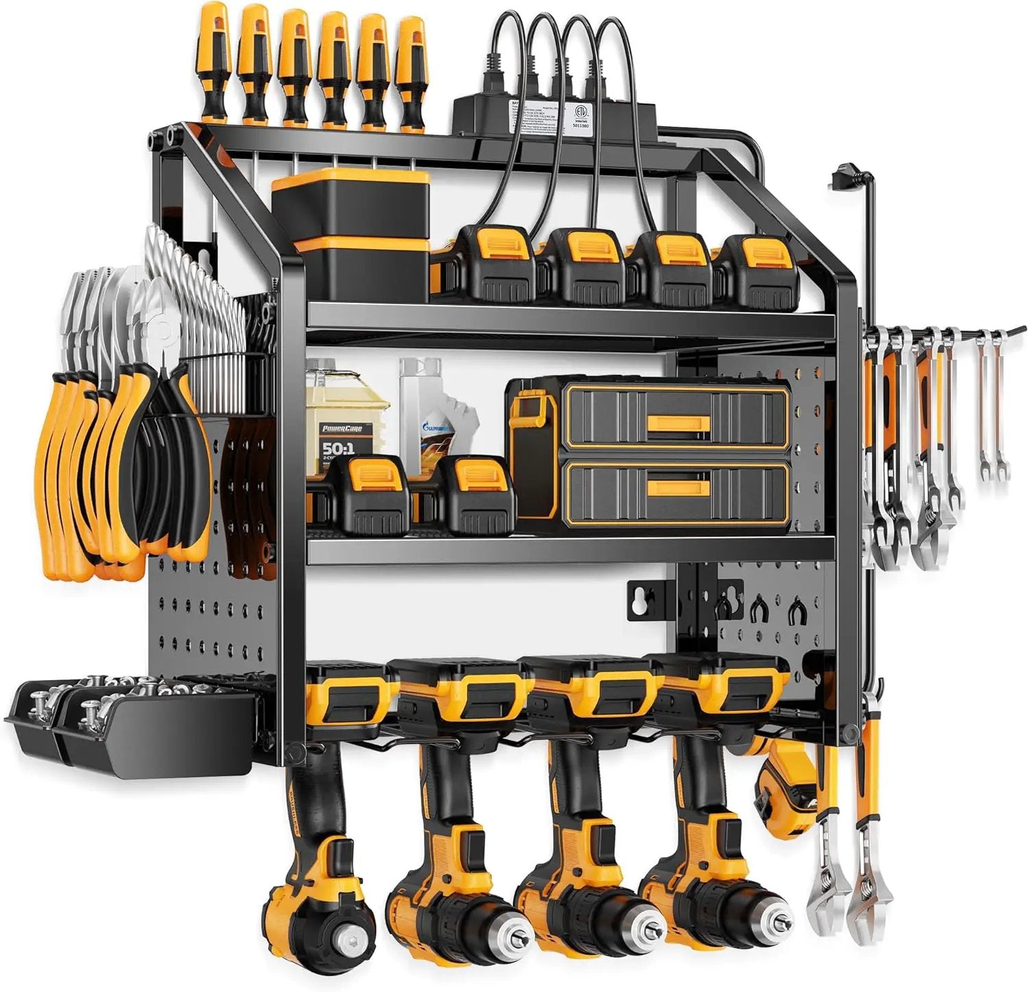 LBT Heavy Duty Metal Power Tool Organizer Wall Mount with 4 Outlet Charging Station & Drill Holder, 4 Layer Garage Storage Rack 120LB, Gift for Men Dad Husband (Workshop, Anniversary, Father's Day) by GreenHaven Gardens