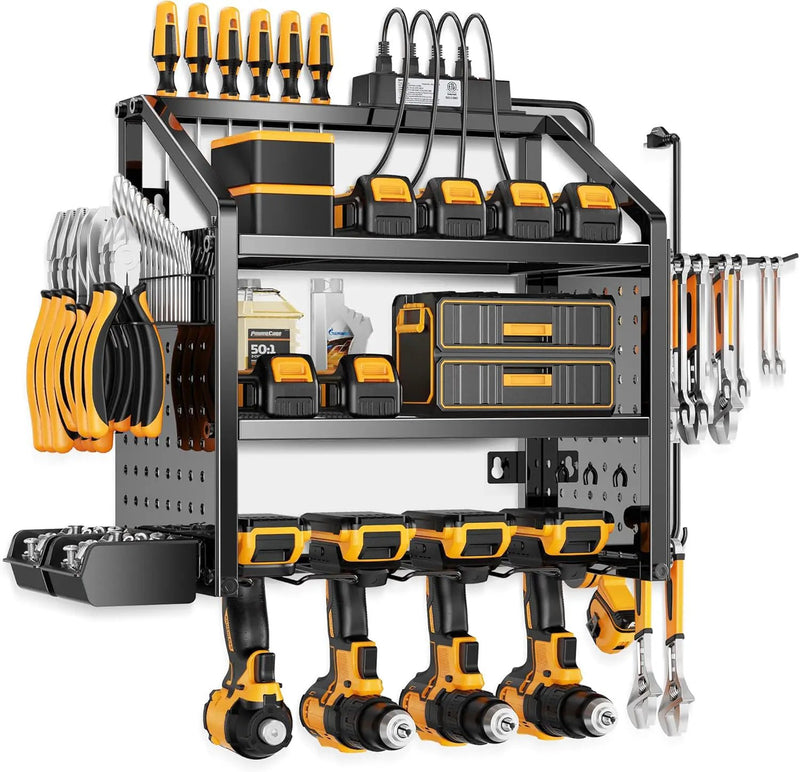 LBT Heavy Duty Metal Power Tool Organizer Wall Mount with 4 Outlet Charging Station & Drill Holder, 4 Layer Garage Storage Rack 120LB, Gift for Men Dad Husband (Workshop, Anniversary, Father's Day) by GreenHaven Gardens