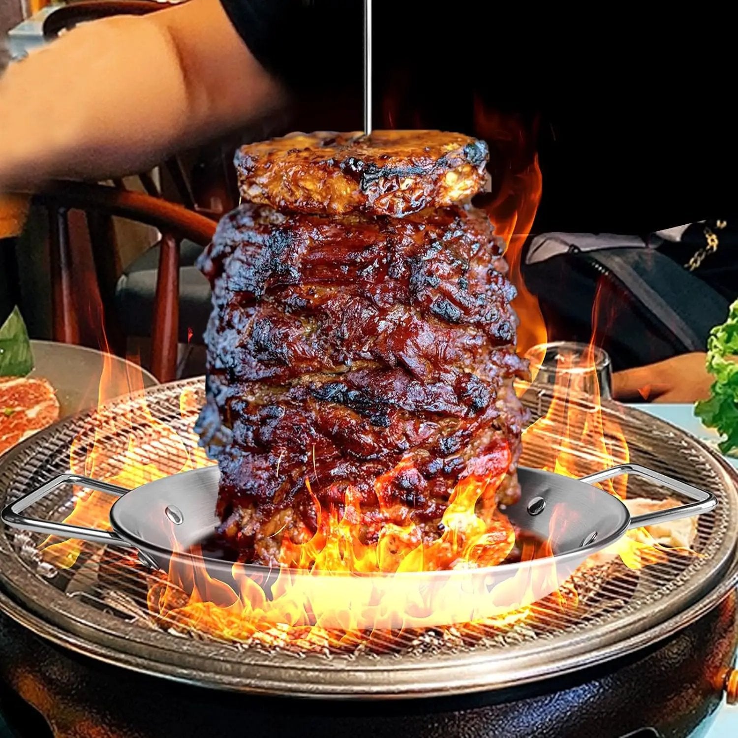 Fengzhe Al Pastor Skewer for Grill：Stainless Steel Vertical Stand, Brazilian Spit Stand with removable 3 Spikes, 2 Brushes, Anti-scalding Fittings, Fat Separator Tray, for Tacos Al Pastor, BBQ by GreenHaven Gardens