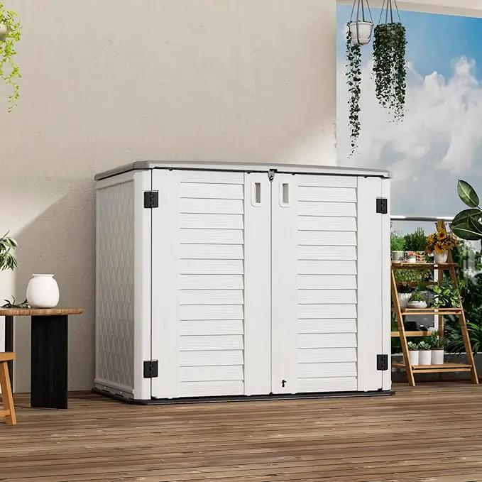 Outdoor Patio Storage Shed,Waterproof Horizontal Outdoor Storage Cabinet for Garbage Cans,Tools and Lawnmower Lockable(34 Cu.ft-Warm-White) by GreenHaven Gardens