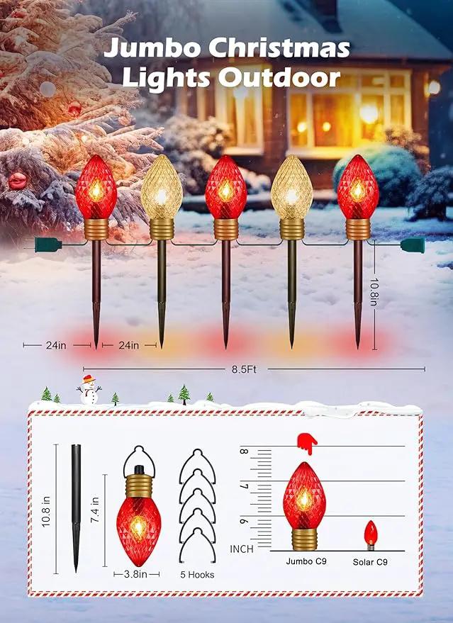 Moonflor Strawberry Jumbo C9 Christmas Pathway Lights Outdoor - 8.5FT 5 LED C9 Walkway Lights Outdoor, Christmas Decoration Outside, Christmas Lights Outdoor for Lawn Holiday Yard, Red & Warm White by GreenHaven Gardens