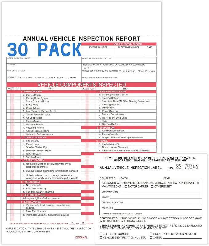 30-Pack Annual Vehicle Inspection Report Form & Adhesive Vinyl Label 2-Ply,3-Ply Carbonless Form DOT Compliant by GreenHaven Gardens