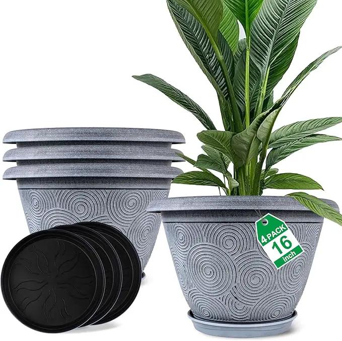 16 Inch Large Planter Pot for Plants Indoor Outdoor, 4 Pack Plastic Flower Pots with Drainage Hole & Tray, Modern Decorative Garden Pot with Saucer, Plant Container for House by GreenHaven Gardens