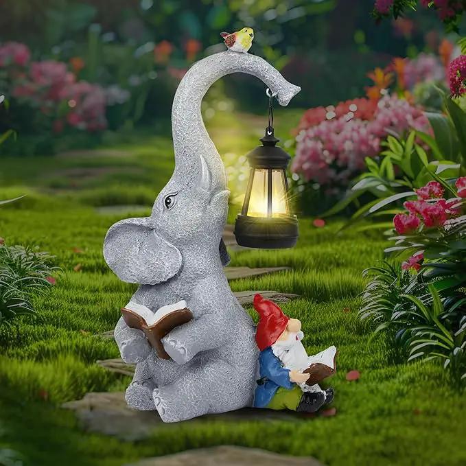 Solar Outdoor Garden Statues Lights, Elephant Figurines with Cute Gnome Garden Sculpture Decor, Luck Elephant Gifts for Woman Mother or Daughter, Unique Housewarming Gifts and Yard Decor by GreenHaven Gardens