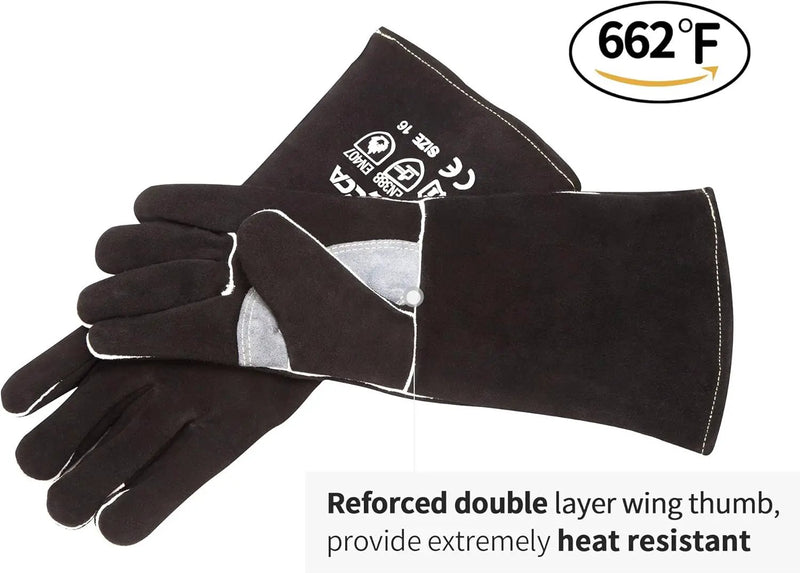 RAPICCA Welding Gloves Fire Heat Resistant: Black 16IN - Fireproof Leather For Stick Mig Flux-Core Welder Forge Blacksmith Fireplace Wood Stove Fire Pit Furnace Handling Dry ice - One Size 662℉ by GreenHaven Gardens