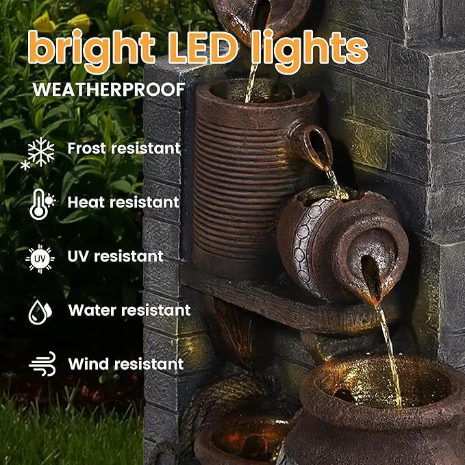 6-Tiers Garden Waterfall Fountain Outdoor - 31’5''H Water Fountains and Waterfalls, Large Outdoor/Indoor Floor Standing Resin Water Fountain with LED Light for Patio, Garden and Home (31.5”H) by GreenHaven Gardens