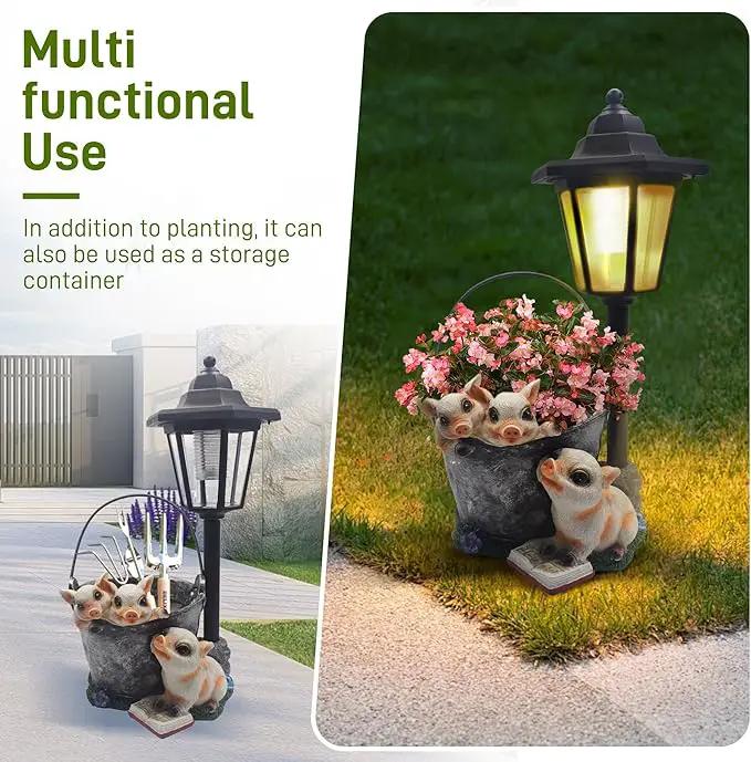 Outdoor Pigs Statues Solar Sculptures with Solar Lights and Flowerpot Funny Garden Decor Animal Figurines Resin Outdoor Statues for Patio Yard Lawn Balcony Gifts by GreenHaven Gardens