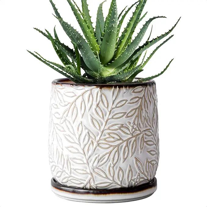 D'vine Dev 6 Inch Embossed Leaves Stoneware Planter Pot with Drainage Hole and Saucer, Smoked White, Set of 1, 27-A-X-1 by GreenHaven Gardens