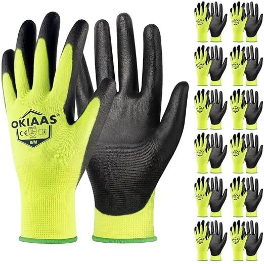 OKIAAS Work Gloves for Men, Ultra Thin and Lightweight with Grip, 12 Pairs Bulk Pack Construction Gloves with Polyurethane Coating, Safety Gloves for Light Duty Work (Green, Medium) by GreenHaven Gardens
