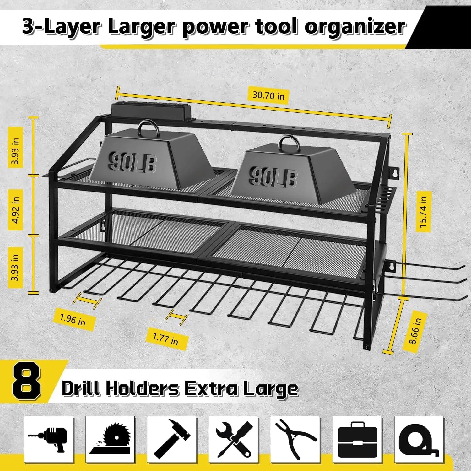 Power Tool Organizer Wall Mount with Charging Station, 3 Layer Storage Rack and Tool Holder for Garage Organization, 8 Drill Holder Wall Mount and 6 Outlet Power Strip by GreenHaven Gardens