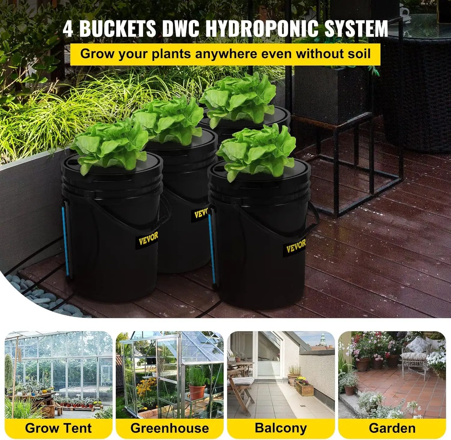 VEVOR DWC Hydroponic System, 5 Gallon 4 Buckets, Deep Water Culture Growing Bucket, Hydroponics Grow Kit with Pump, Air Stone and Water Level Device, for Indoor/Outdoor Leafy Vegetables by GreenHaven Gardens