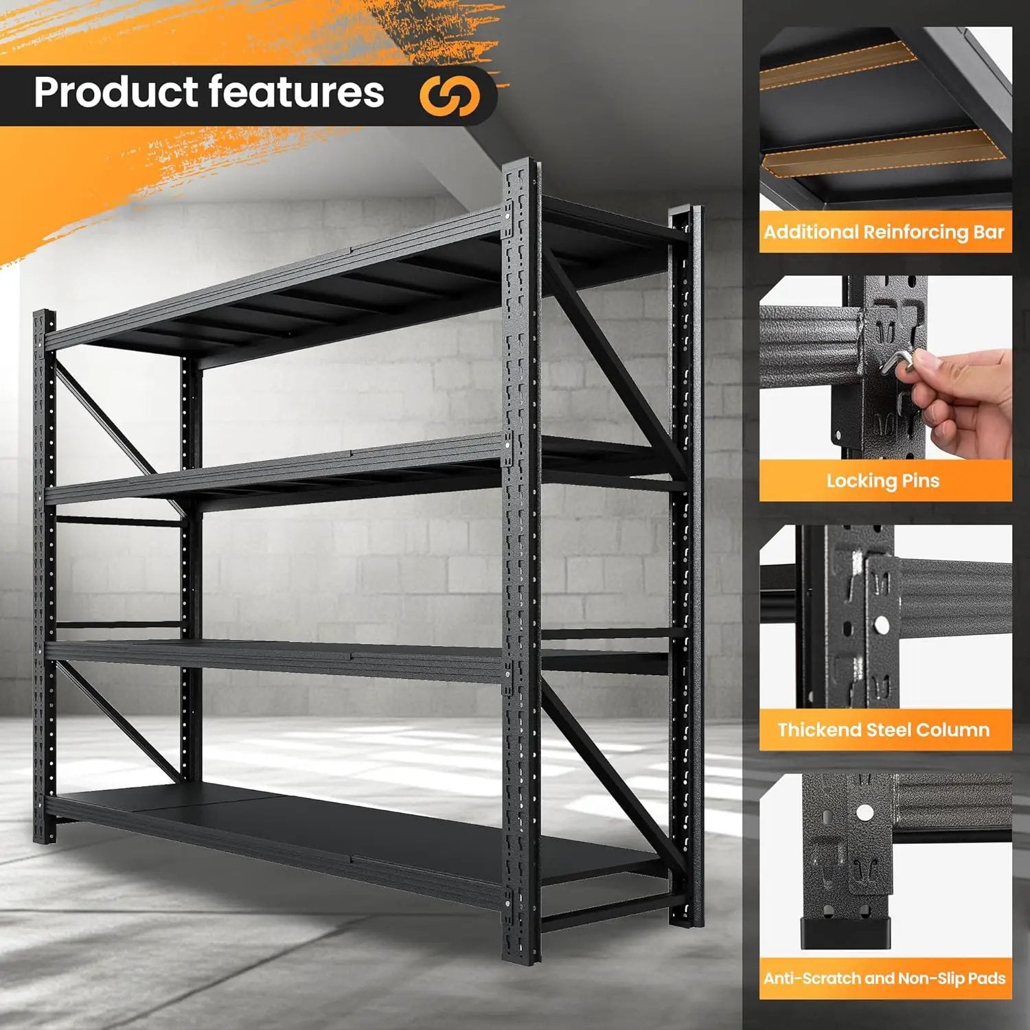 79” W Garage Shelving Heavy Duty, 7000LBS Metal Storage Shelves, 4 Tier Storage Rack Shelf, Steel Industrial Shelving, Adjustable Standing Shelf for Basement/Warehouse 79" W x 24" D x 79" H, Black by GreenHaven Gardens