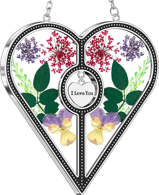 KY&BOSAM Heart Suncatcher I Love You Glass Panels for Window Hangings Wind Chime with Pressed Flower Heart Embedded in Glass Mom Gifts Birthday Gifts for Women Mother`s Day Valentine`s Christmas Decor by GreenHaven Gardens