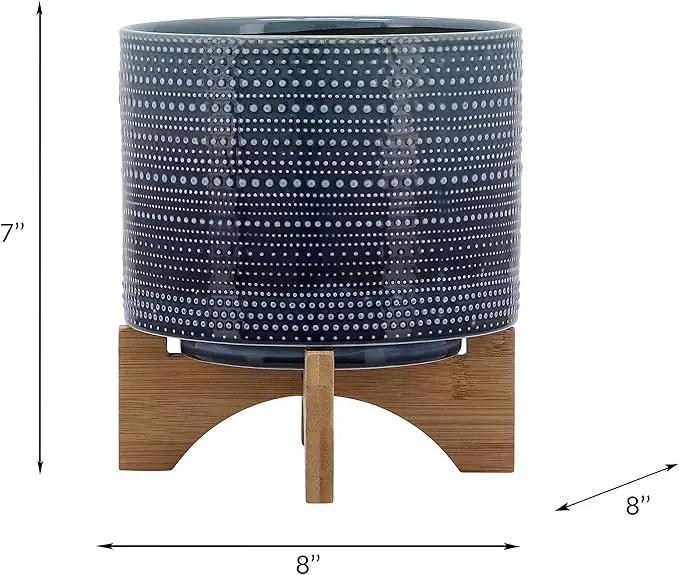 Sagebrook Home Textured Ceramic Planter with Wood Stand, Elevated Indoor/Outdoor Planter, Blue with Gray Dots, 8 L x 8 W x 10 H by GreenHaven Gardens