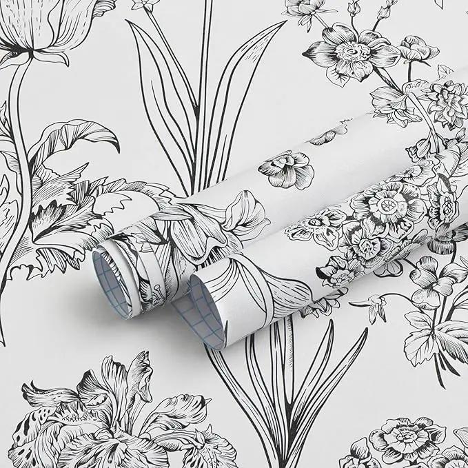 Dimoon 393"x17.3" Floral Peel and Stick Wallpaper White Contact Paper Waterproof Black Lines Wallpaper Vintage Flower Thicken Plant Self Adhesive Removable Wall Covering Shelf Liner Decal Vinyl Roll by GreenHaven Gardens