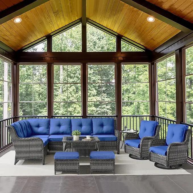 Outdoor Furniture Sectional Sofa L Shaped Couch - Patio Wicker Set with 2 Swivel Glider Chairs, 8 Piece Rattan Patio Conversation Sets with Blue Cushion for Deck Backyard Sunroom by GreenHaven Gardens