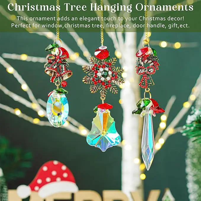 3 Pack Crystal Christmas Ornaments, Glass Rainbow Rhinestones Sun Catcher Prisms with Christmas Wreath Snowflake Bells,Suncatcher Hanging Crystal Pendants for Window Christmas Home Decor by GreenHaven Gardens