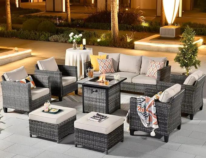 ovios 8 Pieces Patio Furniture Set with 30" Fire Pit Table, Outdoor Wicker Sofa with Comfy Cushions, All Weather High Back Rattan Couch Conversation Set, Beige by GreenHaven Gardens