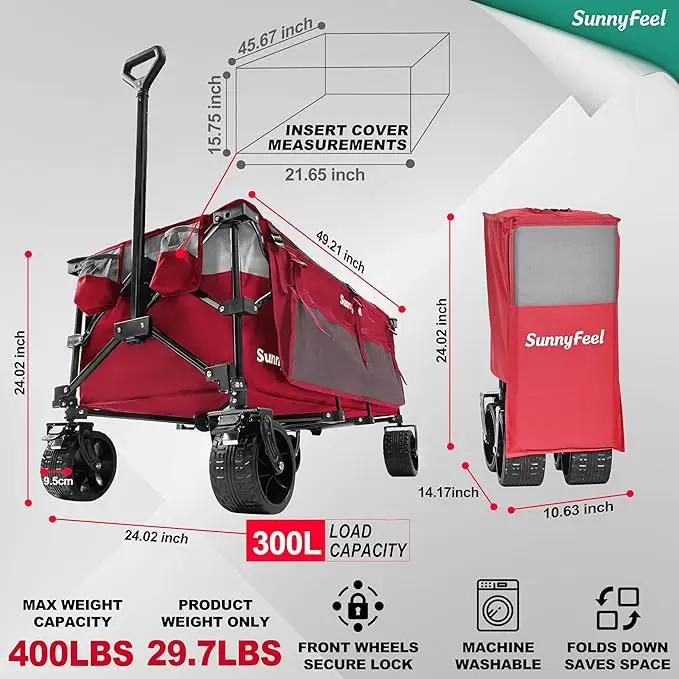 SUNNYFEEL 49''L 550lbs Heavy Duty Wagon Cart Foldable with Wheels,Extra Long Fold Up Wagons Carts with Side Pocket and Brakes for Camping Sports Garden Shopping (Red) by GreenHaven Gardens