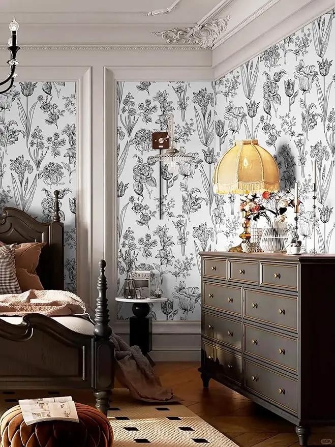 Dimoon 393"x17.3" Floral Peel and Stick Wallpaper White Contact Paper Waterproof Black Lines Wallpaper Vintage Flower Thicken Plant Self Adhesive Removable Wall Covering Shelf Liner Decal Vinyl Roll by GreenHaven Gardens