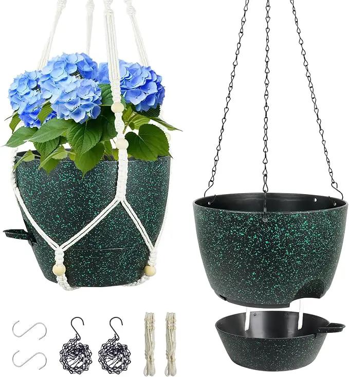 10 inch Self Watering Hanging Planters, 2 Pack Hanging Flower Pots for Indoor Outdoor Plants, Hanging Baskets with Drainage Holes & 2 Kinds of Plant Hangers for Home Decor, Speckled Black by GreenHaven Gardens