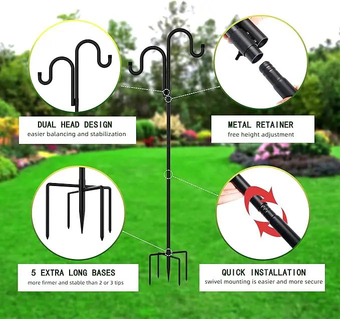 Double Shepherds Hooks for Outdoor, Bird Feeder Pole with 5 Prongs Base, Heavy Duty Garden Hook for Lantern, Wind Chime and Hummingbird Feeder, 76 Inch, 2 Pack by GreenHaven Gardens