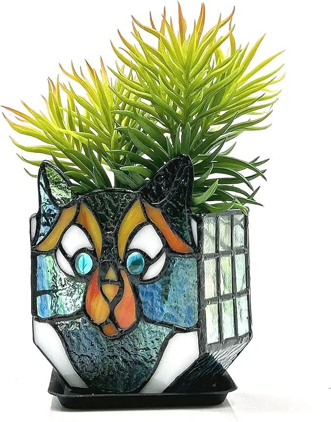 Cat Stained Glass Pot,Cat Flower Pots for Indoor Plants,Cat Plant Decor,Fun Plant Pots Gift 4.6x3x5.15 in(Excluding Plants) by GreenHaven Gardens