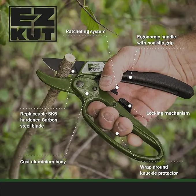 EZ Kut Heavy Duty Pruning Shears Green - with Ratcheting Action Great Garden Hand Tool Clippers Gardening pruners arthritis tools Ratcheting Anvil Hand Pruner Pruning Shears Heavy Duty Since 1988 by GreenHaven Gardens