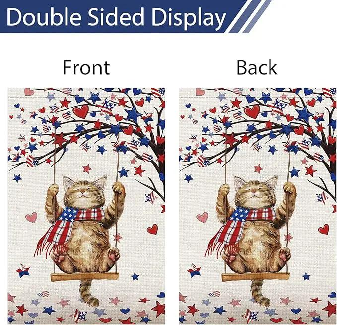 Heyfibro 4th Of July Patriotic Cute Cat Garden Flag 12x18 Double Sided Burlap, Heart Star Tree Pattern USA Flags Retro Yard Banner for Rustic Independence Day Outdoor Decor (ONLY FLAG) by GreenHaven Gardens