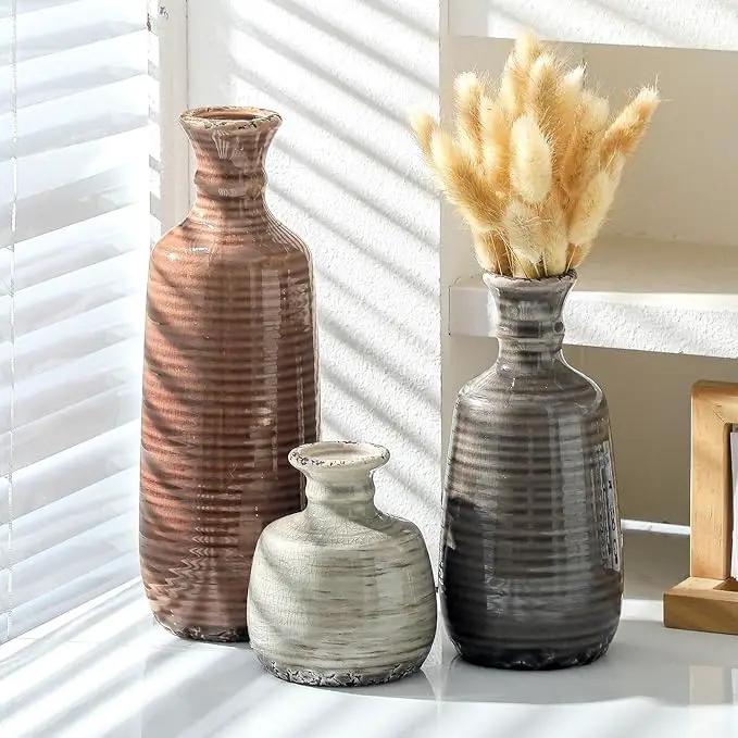 Ceramic Vases Set of 3, Neutral Rustic Farmhouse Vases Home Decor Decorative Flower Vase Modern Boho Pampass Vase for Table Mantel Entryway Shelf Living Room Kitchen Bathroom - Brown by GreenHaven Gardens